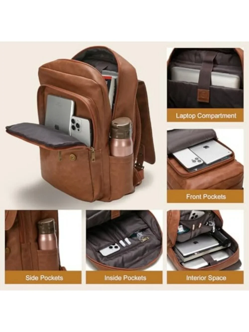 Vintage Waterproof Leather Backpack for Men & Women, 15.6